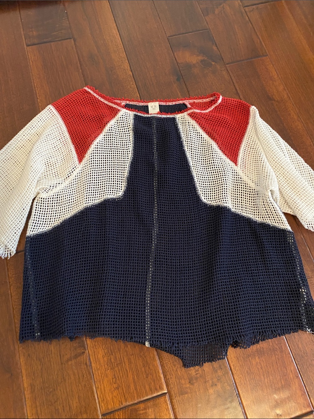 Free People Crocheted Colorblock Knit Top in Navy Red White